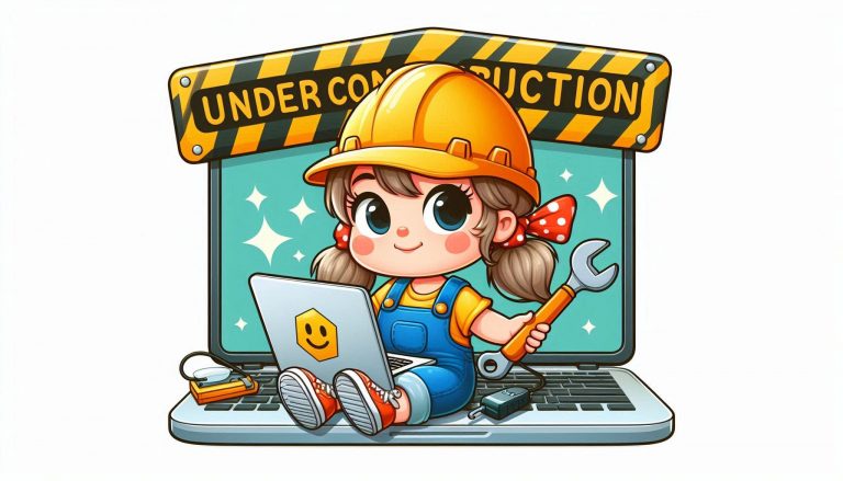 Webgyrlz Code under construction page. Cartoon image of a girl wearing a construction uniform sitting on a laptop